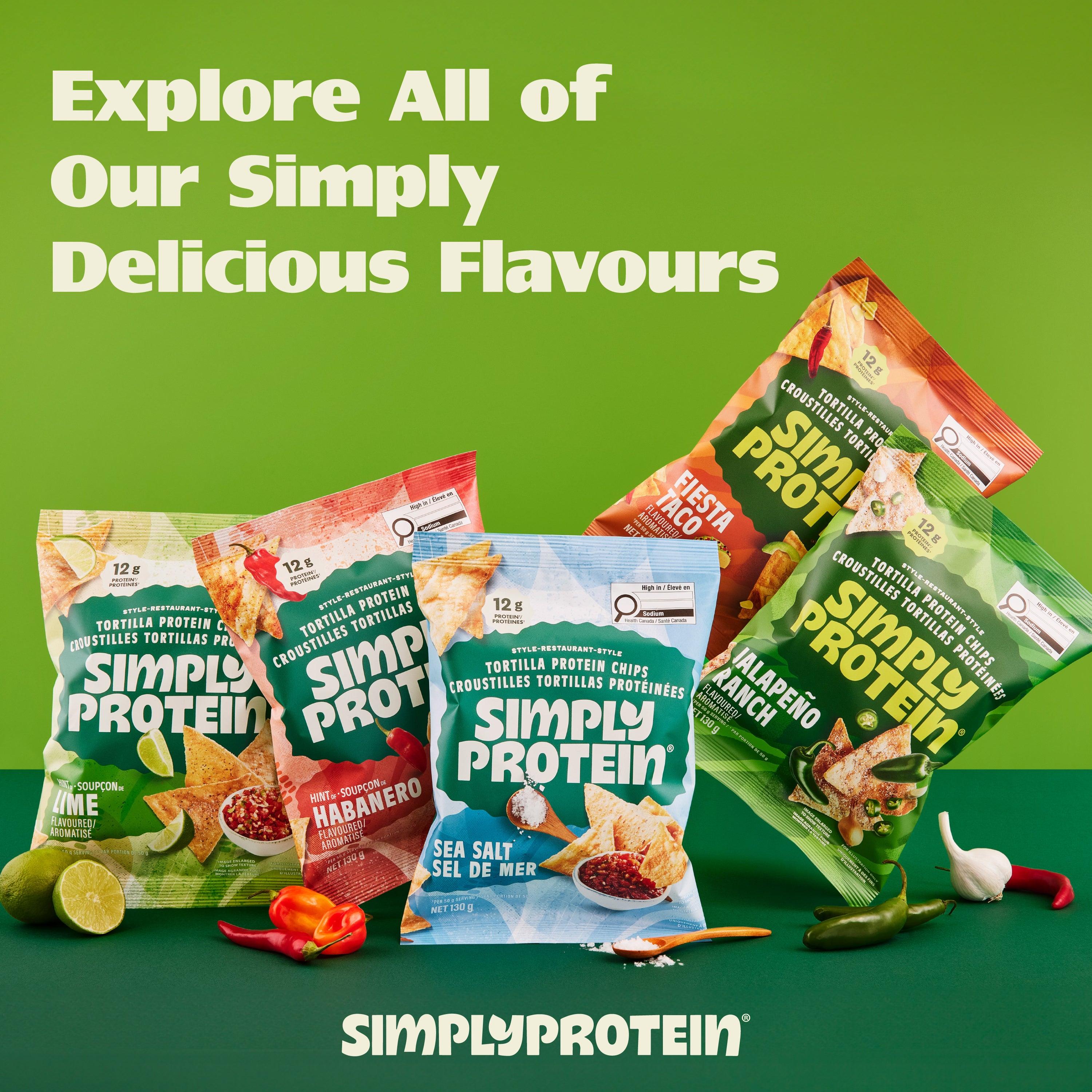 Simply Protein tortilla chip packaging with various flavors on a green background encouraging you to explre all of their simply delicious flavours