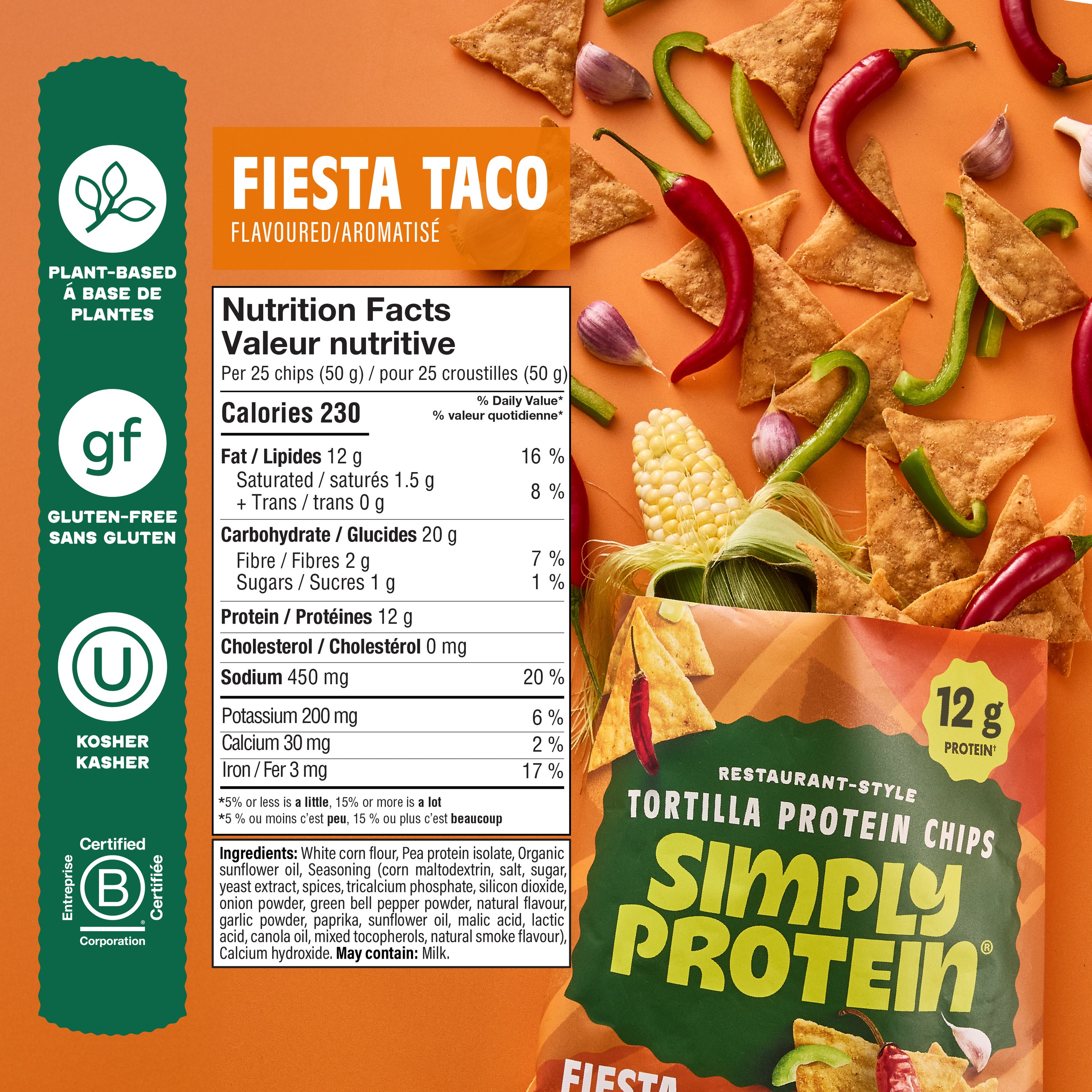 Simply Protein Fiesta Taco flavoured tortilla protein chips packaging with nutritional information and branding details.