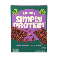 Box of Crispy Simply Protein Dark Chocolate Almond snack bars