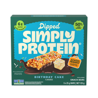 Box of Simply Protein Birthday Cake flavored snack bars