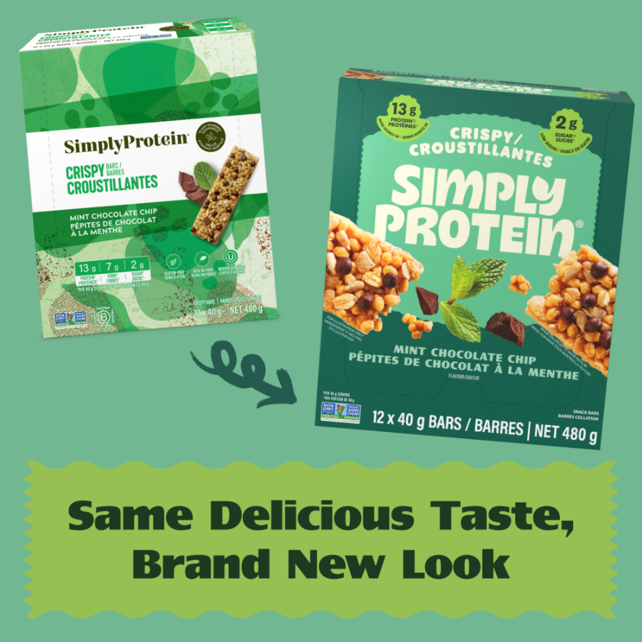 Crispy Bars have a new look, with the same delicious taste. Look for the SimplyProtein green box! 