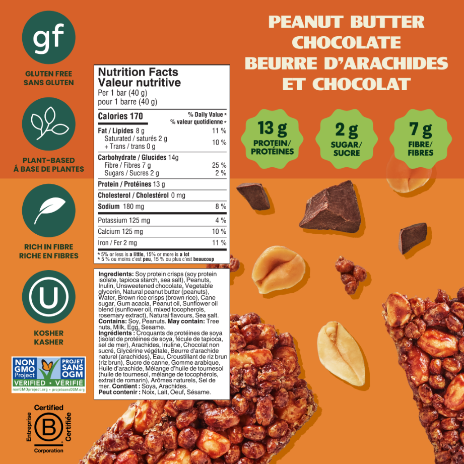 Crispy Bar nutrition facts showing 13g protein, 2g sugar, 7g fibre; gluten-free, plant-based, kosher.