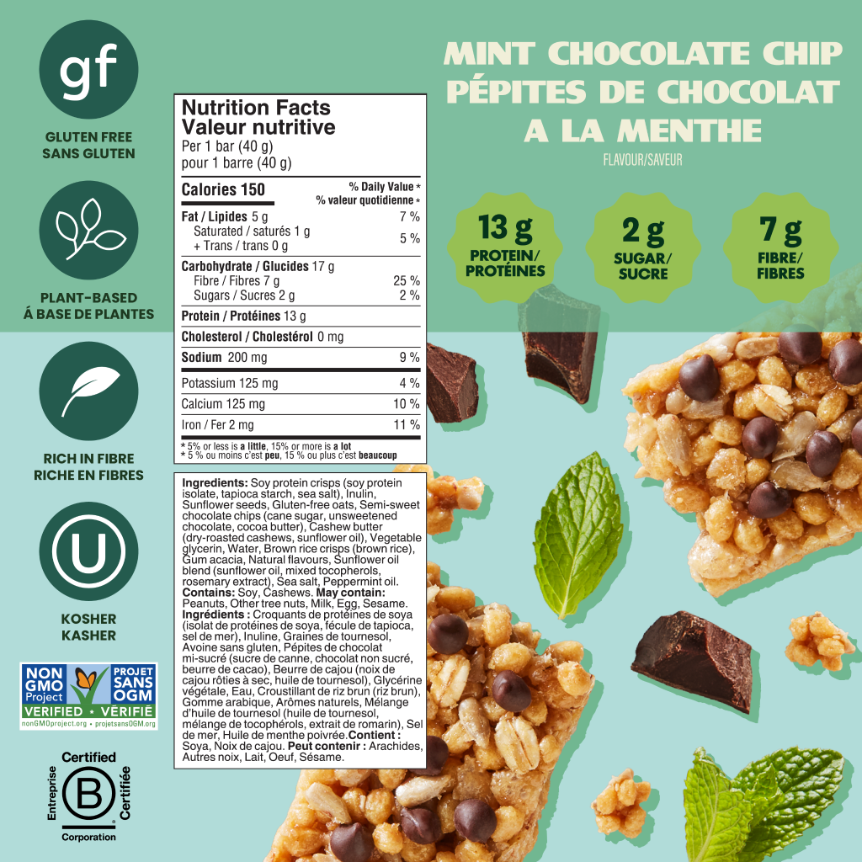 Crispy Bar nutrition facts showing 13g protein, 2g sugar, 7g fibre; gluten-free, plant-based, kosher.