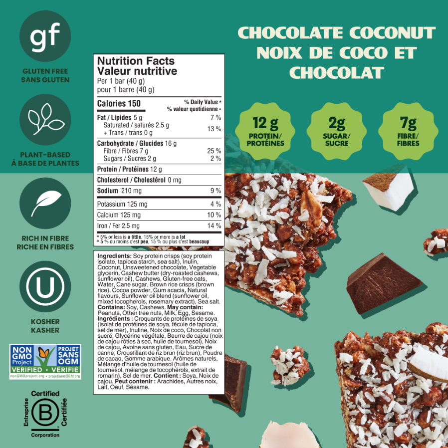 Crispy Bar nutrition facts showing 12g protein, 2g sugar, 7g fibre; gluten-free, plant-based, kosher.